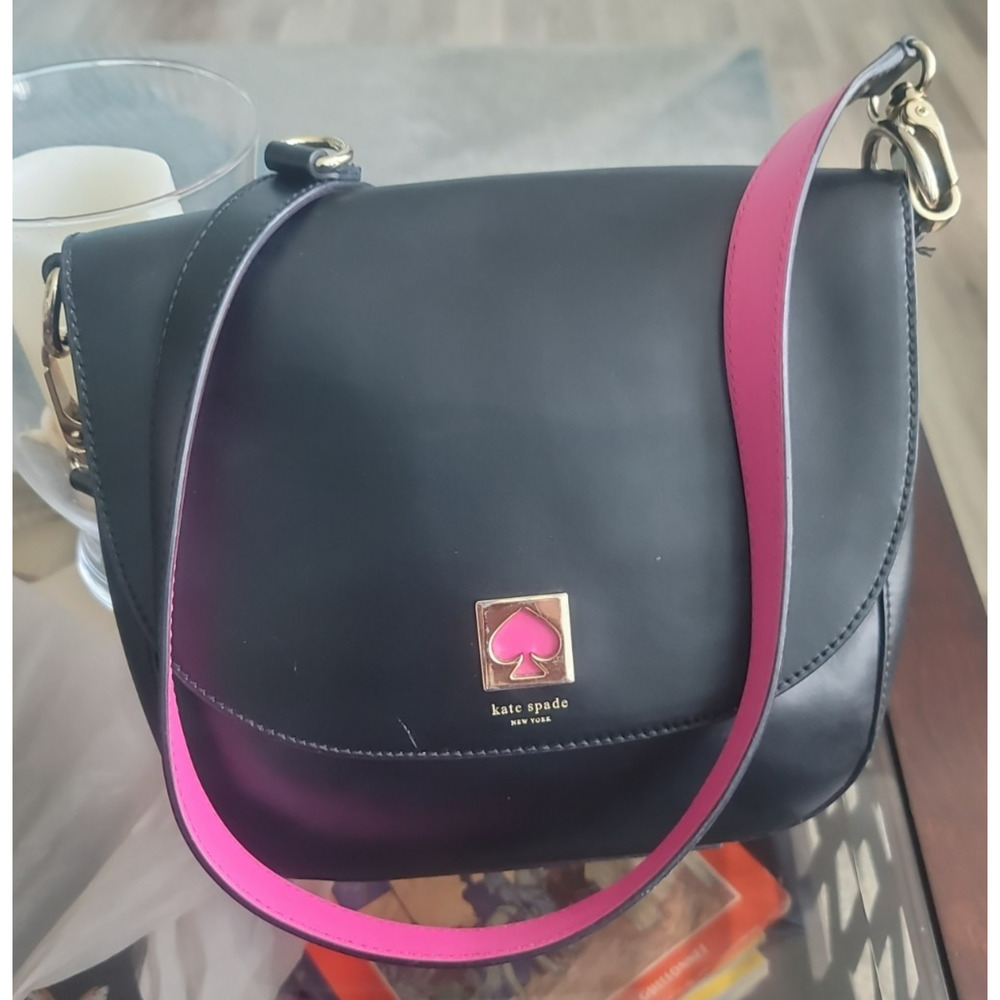 Kate Spade New York Doreen Black Leather Logo Flap Closure Crossbody Bag Pink - Picture 3 of 16